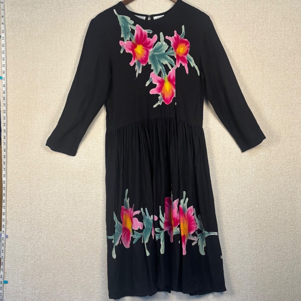 Vintage Pier 1 Imports Small Black Floral Rayon Midi Dress Pink Orchids Small